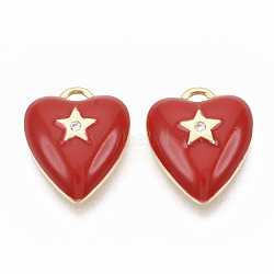 Brass Micro Pave Clear Cubic Zirconia Charms, with Enamel, Nickel Free, Real 18K Gold Plated, Heart with Star, Red, 13.5x11.5x3.5mm, Hole: 1.2mm(X-KK-T051-13G-NF)