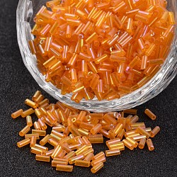 Tube Transparent Colours Rainbow Plated Glass Bugle Beads, Orange, 3~5x1.8~2mm, Hole: 0.8mm, about 1200pcs/50g(X-SEED-I001-169)