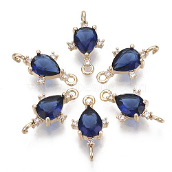 Glass Links connectors, with Brass Micro Pave Cubic Zirconia, Faceted, Teardrop, Light Gold, Dark Blue, 18x9.5x4.5mm, Hole: 1.2mm(X-GLAA-T021-05B-02)