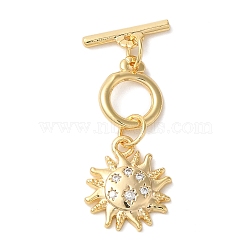 Brass Micro Pave Clear Cubic Zirconia Toggle Clasps, Sun, Real 18K Gold Plated, 33mm, Bar: 13x4x1.5mm, Hole: 1.2mm; Ring: 11x9x1.5mm, Hole: 1.2mm(KK-N254-78G)