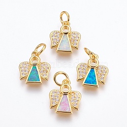 Brass Cubic Zirconia Pendants, with Synthetic Opal, Angel, Golden, Mixed Color, 14.5x12x2.5mm, Hole: 4mm(ZIRC-G144-03G)