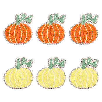 6Pcs 2 Colors Halloween Theme Pumpkin Shape Polyester Clothing Patches, Embroidery Appliques, with Rhinestone, Mixed Color, 51x46x2.5mm, 3pcs/color