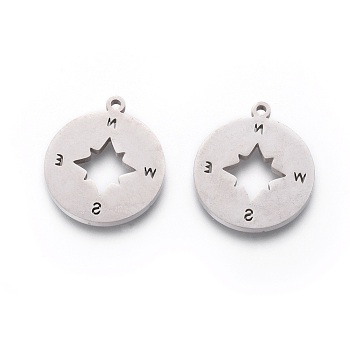 201 Stainless Steel Pendants, Manual Polishing, Compass, Stainless Steel Color, 18x16x1.5mm, Hole: 1.2mm