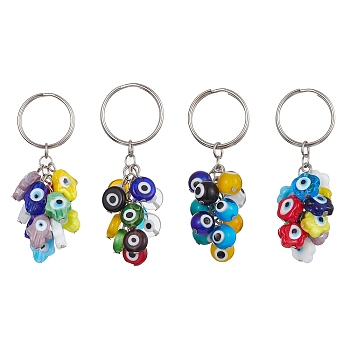 Handmade Evil Eye Lampwork Beads Keychain, with Iron Split Key Rings, Round/Hamsa Hand/Flat Round/Flower, 7.6cm