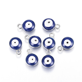 304 Stainless Steel Enamel Charms, Flat Round with Evil Eye, Stainless Steel Color, Medium Blue, 8.5x6x4mm, Hole: 1mm