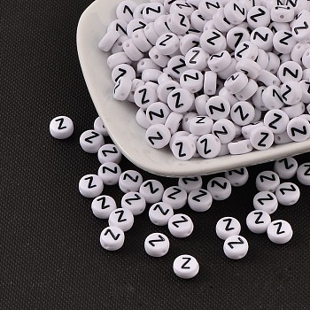 Acrylic Beads, with Horizontal Hole, Letter, Flat Round, Letter.Z, 7x4mm, Hole: 1mm, about 3500pcs/500g