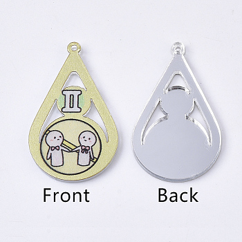 Acrylic Pendants, PVC Printed on the Front, Film and Mirror Effect on the Back, teardrop, with Constellation, Gemini, Gemini, 29.5x18x2mm, Hole: 1.5mm