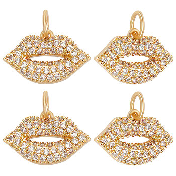 6Pcs Brass Micro Pave Grade AAA Cubic Zirconia Charms, Long-Lasting Plated, Lip Charm, Cadmium Free & Nickel Free & Lead Free, Real 18K Gold Plated, 7x10.5x2mm, Hole: 2.5mm