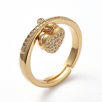 Adjustable Brass Finger Rings, with Micro Pave Cubic Zirconia, Heart, Clear, Golden, Size 7, 17.1mm