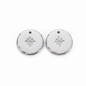 304 Stainless Steel Charms, with Micro Pave Clear Cubic Zirconia, Cadmium Free & Nickel Free & Lead Free, Flat Round, Stainless Steel Color, 12x1.5mm, Hole: 0.9mm