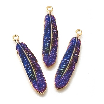 Alloy Enamel Pendants, Golden, Feather Charm, Purple, 38x8.5x1.5mm, Hole: 1.6mm