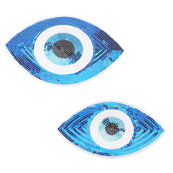 2Pcs 2 Style Iron on/Sew on Sequin Cloth Patches, Costume Accessories, Glittered Appliques, Evil Eye, Mixed Color, 101~175x172~250x1mm, 1pc/style