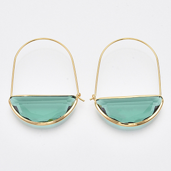 Brass Hoop Earrings, with Glass, Nickel Free, Real 18K Gold Plated, Faceted, Half Round, Light Sea Green, 44mm, Pin: 0.8mm