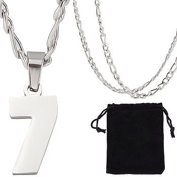 1Pc 304 Stainless Steel Figaro Chain Number Pendant Necklaces, 1Pc Rectangle Velvet Pouches, Stainless Steel Color, 24.21 inch(61.5cm), Pendant: 20x10.5mm