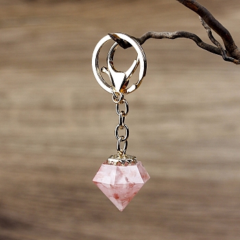 Natural Rose Quartz & Watermelon Stone Glass Chips Inside Resin Diamond Keychain, Pendant: 3x2.5cm