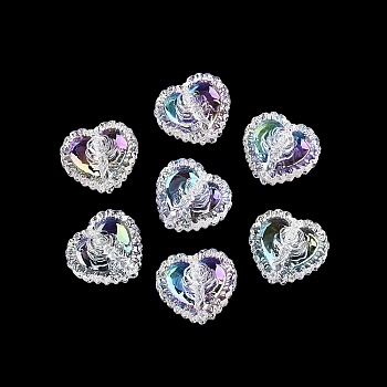 UV Plating Rainbow Iridescent Acrylic Beads, Heart with Rose, Clear, 24.5x27.5x9mm, Hole: 3.2mm