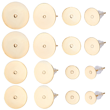 160Pcs 4 Size 304 Stainless Steel Stud Earring Findings, Flat Round Pad Earring Settings, with 160Pcs Plastic Ear Nuts, Real 24K Gold Plated, 6~12x0.3mm, 40Pcs/size