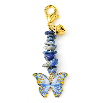 Alloy Enamel Butterfly Pendant Decoration, Natural Lapis Lazuli Chips and Lobster Claw Clasps Charms, 64mm
