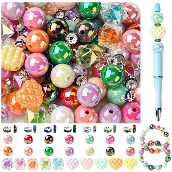DIY Plastic Beadable Pens Kits, Including Round Acrylic Beads, Rhinestone Spacer Beads, Mixed Color, 146x10.5mm