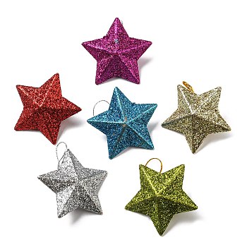 Plastic Glitter Star Pendant Decorations, Silk Ribbon Christmas Tree Hanging Decoration, Mixed Color, 43x46x16.5mm