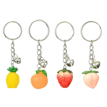 Fruit Resin Pendant Keychain Kit, with Iron Split Key Rings and Bell Charms, Orange/Pineapple/Peach/Strawberry, Mixed Color, 8~8.9cm, 4pcs/set