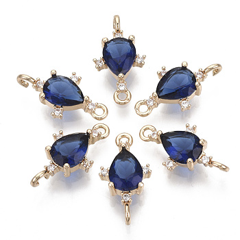 Glass Links connectors, with Brass Micro Pave Cubic Zirconia, Faceted, Teardrop, Light Gold, Dark Blue, 18x9.5x4.5mm, Hole: 1.2mm