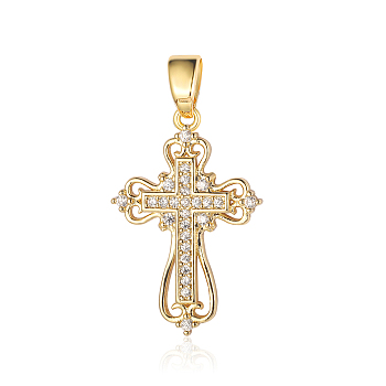 3Pcs Brass Micro Pave Cubic Zirconia Pendants, Cross Charms, Real 18K Gold Plated, 27x18x2.1mm