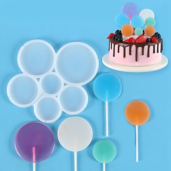 Flat Round Shape Food Grade Silicone Lollipop Molds, Fondant Molds, for DIY Edible Cake Topper, Chocolate, Candy, UV Resin & Epoxy Resin Jewelry Making, White, 154x168x6.5mm, Inner Diameter: 35~69mm, Fit for 2mm Stick