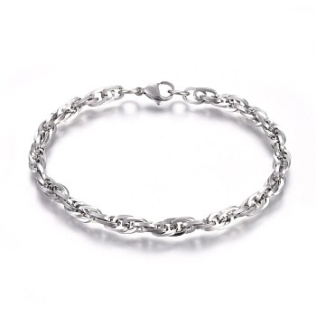 304 Stainless Steel Rope Chain Bracelets, with Lobster Claw Clasps, Stainless Steel Color, 8-1/4 inch(21cm), 5mm