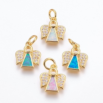 Brass Cubic Zirconia Pendants, with Synthetic Opal, Angel, Golden, Mixed Color, 14.5x12x2.5mm, Hole: 4mm