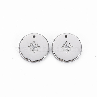 Stainless Steel Color Clear Flat Round Stainless Steel+Cubic Zirconia Charms