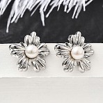 304 Stainless Steel Stud Earring Findings, with Natural Freshwater Pearls, Flower, Stainless Steel Color, 20.5x19.5mm, Hole: 2.5mm, Pin: 11.5x0.7mm(EJEW-F361-15P)