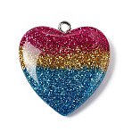 Rainbow Color Transparent Resin Pendants, Glitter Powder Heart Charms, with Platinum Tone Iron Loops, Colorful, 28.7x27x6.3mm, Hole: 2mm(RESI-C029-03)