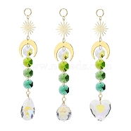 Electroplate Glass Heart & Teardrop Window Hanging Suncatchers, Golden Brass Sun & Moon and Glass Octagon Beads Pendants Decorations Ornaments, Green, 220x28mm(HJEW-JM00851-03)