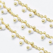 Handmade Glass Beaded Chains, Soldered, with Spool, Brass Chain, Golden, Long-Lasting Plated, White, 6x2mm, Chain: about 2mm wide, about 32.8 Feet(10m)/roll(CHC-I026-H-03G)