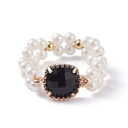 Bling Square Glass Finger Ring, Vintage Shell Pearl Beads Braided Ring for Girl Women, Golden, Black, US Size 9(18.9mm)(RJEW-TA00018-04)