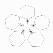304 Stainless Steel Wire Pendants, Hoop Earring Findings, Hexagon, Stainless Steel Color, 18 Gauge, 34.5x25x1mm, Hole: 1.2mm(X-STAS-T051-006)