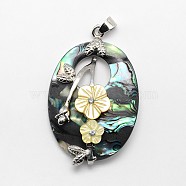 Brass White Shell Oval with Flower Pendants, with Rhinestone, 48x31x8mm, Hole: 4x5mm(SSHEL-F0006-48B-01)