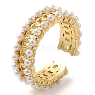 Curb Chain Brass Open Cuff Rings for Women, with Resin Imitation Pearls, Real 18K Gold Plated, 6.5mm, Adjustable(RJEW-Z070-03G)