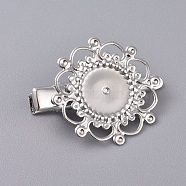 Hair Accessories Iron Alligator Hair Clip Findings, with Brass Filigree Flower Cabochon Bezel Settings, Platinum, Tray: 12mm, 34.5mm, Flower: 28mm(IFIN-L035-01P)