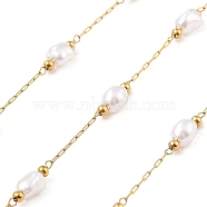 Ion Plating(IP) 304 Stainless Steel Paperclip Chains, Soldered, with ABS Imitation Pearl Beads, Oval, Real 18K Gold Plated, 5.5x4.5x4mm, about 16.40 Feet(5m)/Roll(CHS-P018-03A-G)