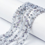 Electroplate Glass Beads Strands, Imitation Jade, Half Purple Plated, Faceted, Rondelle, Azure, 8x6mm, Hole: 1mm, about 65~68pcs/strand, 15.7~16.1 inch(40~41cm)(EGLA-A034-J8mm-F05)