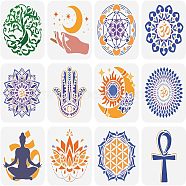 12Pcs 12 Styles PET Hollow Out Drawing Painting Stencils Sets, for DIY Scrapbook, Photo Album, Tree & Chakra & Flower & Sun & Moon, Mixed Patterns, 150x150mm, 1pc/style(DIY-WH0383-0060)