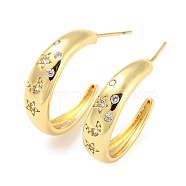 Rack Plating Brass C Shape Stud Earrings with Clear Cubic Zirconia, Half Hoop Earrings for Women, Cadmium Free & Lead Free, Long-Lasting Plated, Real 18K Gold Plated, 24x6.5mm(EJEW-F326-17G)