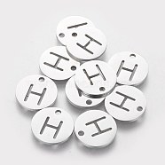201 Stainless Steel Charms, Flat Round with Letter, Stainless Steel Color, Letter.H, 12x1mm, Hole: 1.5mm(STAS-Q201-T051-H)