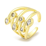 Real 18K Gold Plated Brass Micro Pave Clear Cubic Zirconia Open Cuff Rings, Heart, US Size 7 3/4(17.9mm)(RJEW-G303-01D-G)