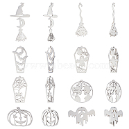 16Pcs 8 Style Halloween 201 Stainless Steel Pendants, Laser Cut, Coffin & Witch Broom & Ghost & Pumpkin Jack-O'-Lantern, Stainless Steel Color, 23~57x16~33x1mm, Hole: 1~1.5mm, 2pcs/style(STAS-UN0044-25)