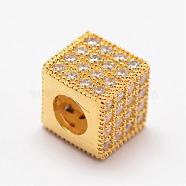 Cube Brass Micro Pave Cubic Zirconia Beads, Golden, 7x7x7mm, Hole: 3.5mm(ZIRC-L053-11G)