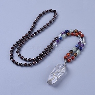 Natural Garnet & Natural Mixed Stone Pendant Necklace, with Quartz Crystal Pendant and Brass Findings, 28.3 inch(72cm), beads: 4~6.5mm, pendant: 57~63x13~17x14~16mm(NJEW-I109-D03)
