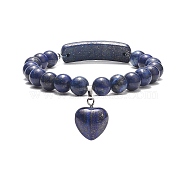 Natural Lapis Lazuli(Dyed) Beaded Bracelets, Heart Shape Pendant Bracelet, for Women, 3/8 inch(0.85cm), Inner Diameter: 2-1/8 inch(5.5cm)(BJEW-JB09039-01)